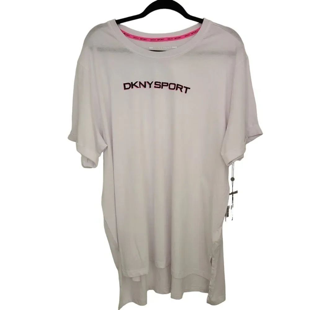 DKNY Sport White Logo Semi Sheer Rolled Short Sleeve High-Low T-Shirt 2X